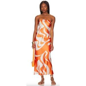 SNDYS Women's Cut "Angel" Orange White Satin Strapless Midi Dress Size 4